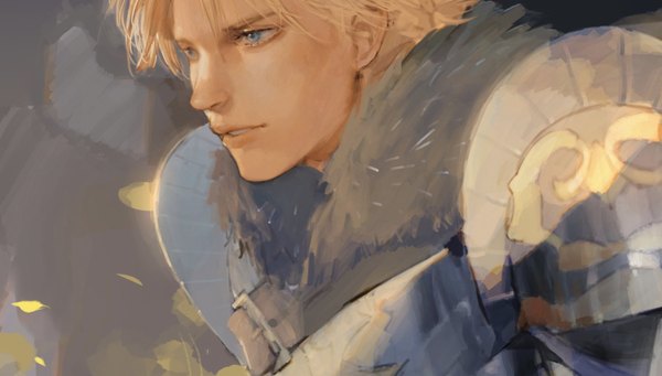 Anime picture 1828x1039 with fire emblem fire emblem: three houses fire emblem warriors: three hopes nintendo dimitri alexandre blaiddyd xinee0910 single highres short hair blue eyes blonde hair wide image looking away parted lips close-up face boy