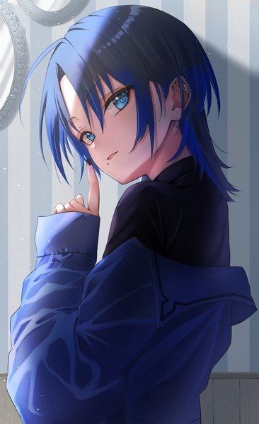 Anime picture 2500x4093 with virtual youtuber hololive hololive dev is hiodoshi ao nisi ki no single tall image looking at viewer highres short hair blue eyes blue hair upper body nail polish head tilt off shoulder mole finger to mouth mole under mouth against wall