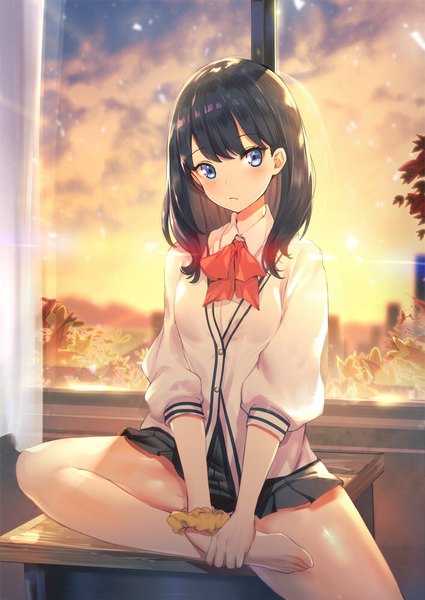 Anime picture 708x1000 with gridman universe ssss.gridman studio trigger takarada rikka teddy (khanshin) single long hair tall image looking at viewer blush fringe blue eyes light erotic black hair hair between eyes sitting sky cloud (clouds) bent knee (knees) indoors