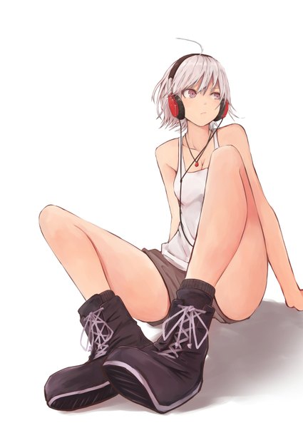 Anime picture 1254x1771 with original rutchifu single long hair tall image blush fringe simple background white background sitting bare shoulders looking away ahoge bent knee (knees) pink eyes grey hair bare legs shadow lacing girl