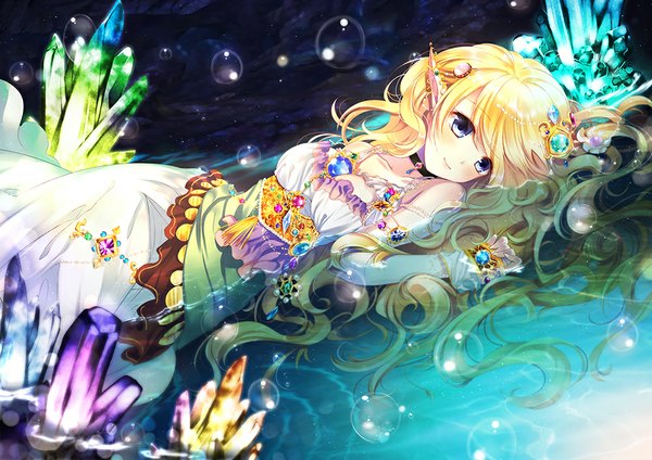 Anime picture 1000x708 with original ainili (artist) single long hair looking at viewer blush blue eyes blonde hair lying pointy ears girl dress water jewelry bubble (bubbles) crystal