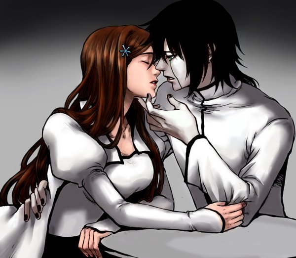 Anime picture 1450x1263 with bleach studio pierrot inoue orihime ulquiorra schiffer billiefeng long hair short hair black hair simple background brown hair sitting green eyes eyes closed nail polish face to face hand on face almost kiss espada girl dress