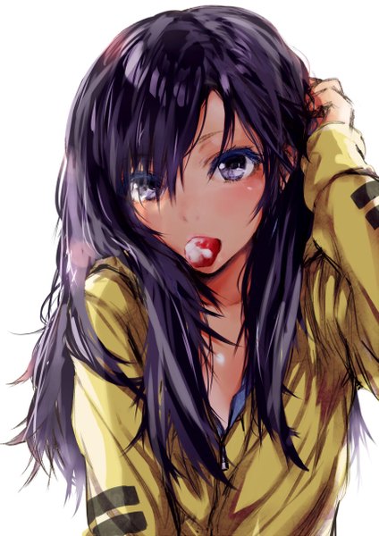 Anime picture 867x1227 with original kiriyama single long hair tall image looking at viewer blush simple background white background purple eyes holding purple hair mouth hold hand on head girl food jacket fruit hoodie
