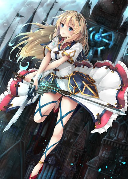 Anime picture 1400x1960 with original somalisu single long hair tall image looking at viewer blush fringe breasts blue eyes blonde hair smile holding bent knee (knees) bare legs high heels magic crossed arms flying glowing weapon