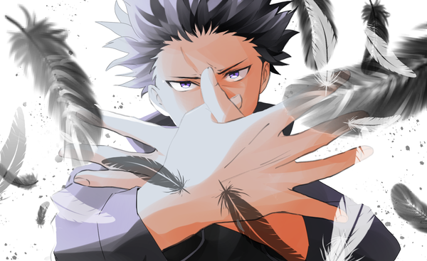 Anime picture 1470x900 with jujutsu kaisen mappa fushiguro megumi awagura single looking at viewer short hair black hair simple background wide image white background purple eyes covered mouth spiked hair boy feather (feathers)