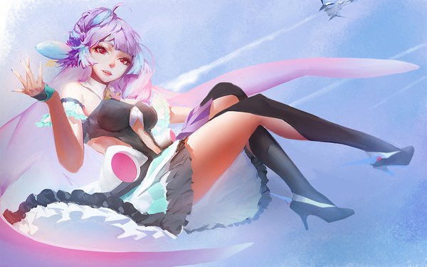 Anime picture 1920x1200 with macross macross delta mikumo guynemer blackrabbitsoul single long hair fringe highres breasts open mouth light erotic smile red eyes bare shoulders looking away pink hair sky purple hair full body ahoge