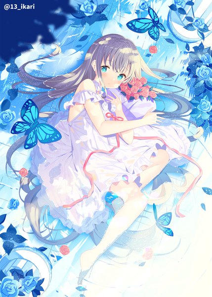 Anime picture 1072x1500 with original ikari (aor3507) single tall image blush blonde hair signed full body very long hair barefoot aqua eyes twitter username partially submerged girl dress flower (flowers) ribbon (ribbons) white dress rose (roses) insect