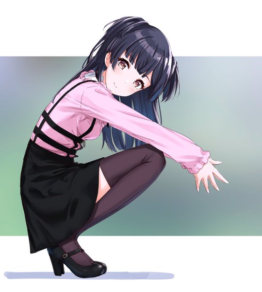 Anime picture 1200x1333 with idolmaster idolmaster shiny colors mayuzumi fuyuko suke (momijigari) single long hair tall image looking at viewer blush fringe black hair simple background smile brown eyes full body blunt bangs long sleeves high heels two side up squat