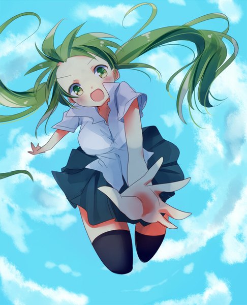Anime picture 716x884 with vocaloid hatsune miku asanagi kurumi (panda-doufu) single long hair tall image looking at viewer blush open mouth green eyes sky cloud (clouds) green hair zettai ryouiki spread arms open collar outstretched hand jumping girl thighhighs