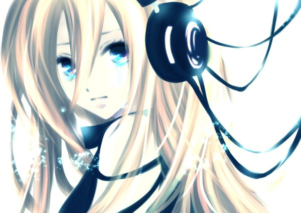 Anime picture 1200x849 with vocaloid lily (vocaloid) aonoe single long hair blue eyes blonde hair bare shoulders looking back girl headphones wire (wires)