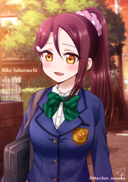 Anime picture 1200x1697 with love live! sunshine!! sunrise (studio) love live! sakurauchi riko ric. (marchen mozuku) single long hair tall image blush fringe open mouth smile hair between eyes signed yellow eyes looking away upper body outdoors ponytail red hair