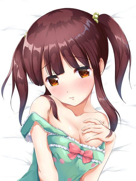 Anime picture 1500x1988 with idolmaster idolmaster cinderella girls ogata chieri kuroba aki single long hair tall image blush fringe breasts light erotic brown hair twintails bare shoulders payot looking away cleavage upper body lying blunt bangs