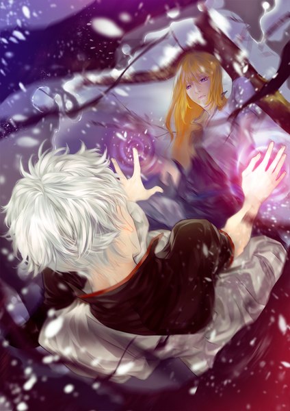 Anime picture 1200x1697 with gintama sunrise (studio) sakata gintoki aimee (pixiv1129113) long hair tall image fringe short hair blue eyes blonde hair white hair traditional clothes from above magic snowing reflection winter bare tree ripples no face