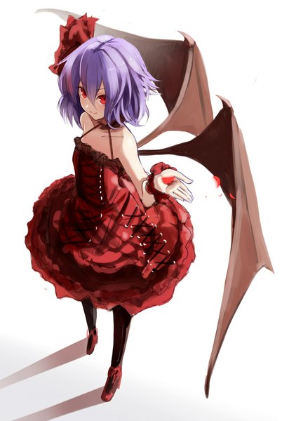 Anime picture 1254x1871 with touhou remilia scarlet fami (yellow skies) tall image looking at viewer short hair simple background smile red eyes standing white background bare shoulders purple hair hair flower from above shadow outstretched arm lacing demon wings girl