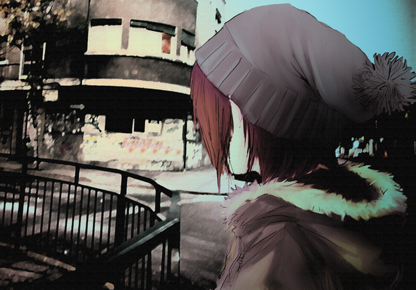 Anime picture 1280x894 with original lawlietxd short hair brown hair street no face girl jacket fur building (buildings) cap fence