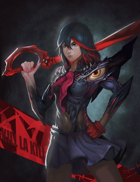 Anime picture 1664x2152 with kill la kill studio trigger matoi ryuuko qianchangyu single tall image short hair blue eyes black hair simple background red hair multicolored hair inscription two-tone hair streaked hair hand on hip dark background girl skirt weapon