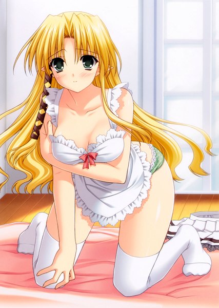 Anime picture 4127x5800 with shuffle! kareha suzuhira hiro single long hair tall image looking at viewer blush highres light erotic blonde hair green eyes absurdres cleavage pointy ears nearly naked apron girl thighhighs underwear panties
