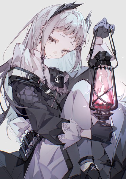 Anime picture 2480x3507 with arknights irene (arknights) zichuan single long hair tall image looking at viewer fringe highres simple background horn (horns) grey hair grey background grey eyes girl gloves black gloves lantern