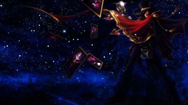 Anime picture 1366x768 with league of legends twisted fate (league of legends) xcreeps single long hair looking at viewer black hair wide image boy gloves heart book (books) star (stars) cloak card (cards) top hat