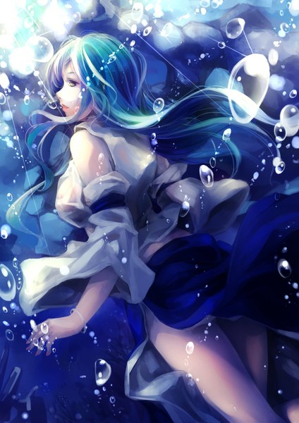 Anime picture 1578x2232 with touhou kochiya sanae kalalasan single long hair tall image brown eyes looking away traditional clothes japanese clothes green hair underwater miko girl skirt detached sleeves water bracelet bubble (bubbles)