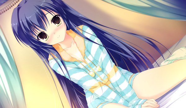 Anime picture 1024x600 with da capo iii rukawa sara takano yuki (allegro mistic) long hair blush smile wide image yellow eyes blue hair game cg girl pajamas