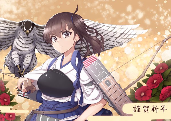 Anime picture 1736x1228 with kantai collection kaga aircraft carrier mku (artist) single looking at viewer fringe highres short hair simple background hair between eyes brown hair brown eyes upper body ahoge traditional clothes japanese clothes side ponytail new year nengajou girl
