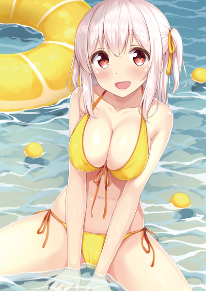 Anime picture 2508x3541 with original tisshu (karutamo) karutamo single long hair tall image looking at viewer blush fringe highres breasts open mouth light erotic smile hair between eyes red eyes sitting bare shoulders cleavage silver hair