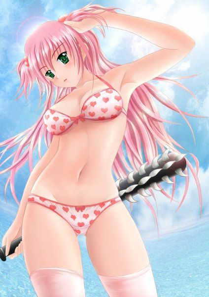Anime picture 800x1133 with original obiwan single long hair tall image blush breasts light erotic green eyes looking away pink hair two side up heart print girl thighhighs navel swimsuit bikini white thighhighs heart