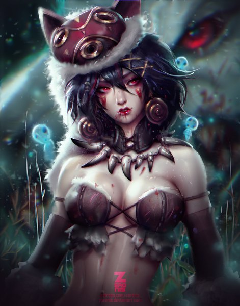 Anime picture 942x1200 with mononoke hime studio ghibli san paul (shiramune) single tall image fringe short hair breasts light erotic black hair hair between eyes red eyes large breasts bare shoulders signed looking away upper body parted lips lips