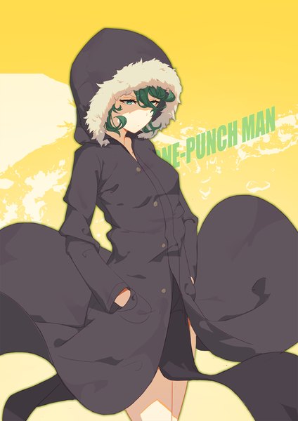 Anime picture 827x1169 with one-punch man madhouse tatsumaki zetlice single tall image short hair green eyes looking away green hair hands in pockets girl hood coat