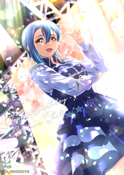 Anime picture 1360x1920 with hello!!! love live! sunrise (studio) love live! wakana shiki musashiya chougenbou single tall image looking at viewer blush fringe short hair open mouth smile hair between eyes brown eyes signed blue hair long sleeves :d sparkle