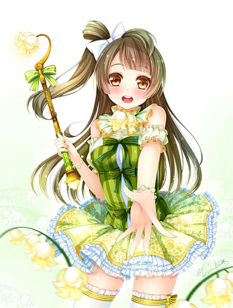 Anime picture 606x800 with love live! school idol project sunrise (studio) love live! minami kotori grandia bing single long hair tall image looking at viewer blush open mouth simple background brown hair white background brown eyes one side up girl thighhighs dress flower (flowers)