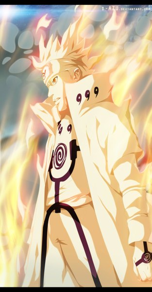 Anime picture 782x1500 with naruto studio pierrot naruto (series) uzumaki naruto i-azu single tall image short hair blonde hair yellow eyes coloring magic light letterboxed smoke angry jinchuriki boy cloak bandana