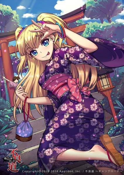 Anime picture 2480x3507 with furyou michi ~gang road~ mo sheng ren single long hair tall image looking at viewer highres blue eyes blonde hair traditional clothes japanese clothes girl plant (plants) tree (trees) bracelet kimono torii kinchaku