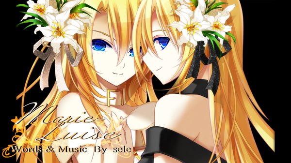 Anime picture 2000x1124 with vocaloid lily (vocaloid) yuuki kira long hair highres blue eyes blonde hair wide image bare shoulders multiple girls hair flower inscription girl hair ornament 2 girls collar