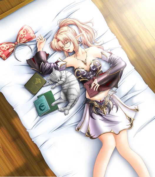 Anime picture 1000x1137 with lineage (game) akatsuki matsumoto single long hair tall image light erotic blonde hair bare shoulders ponytail lying eyes closed pointy ears legs elf sleeping girl skirt bow detached sleeves earrings