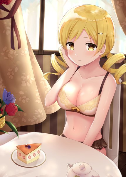 Anime picture 1295x1812 with mahou shoujo madoka magica shaft (studio) tomoe mami kkkk12103 single long hair tall image looking at viewer blush fringe breasts light erotic blonde hair smile large breasts yellow eyes indoors underwear only drill hair hand on cheek
