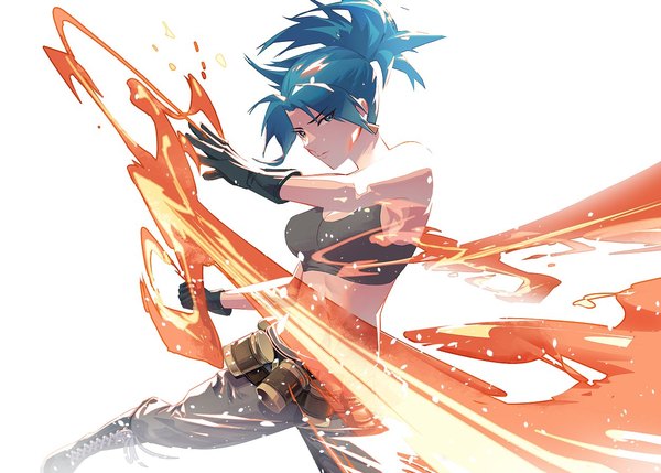 Anime picture 1253x896 with the king of fighters the king of fighters xiii snk leona heidern cofffee single long hair looking at viewer blue eyes simple background white background blue hair ponytail midriff girl gloves earrings black gloves crop top flame
