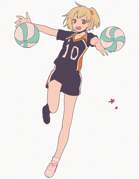 Anime picture 700x897 with haikyuu!! production i.g hitoka yachi xi yuu single tall image short hair open mouth blonde hair simple background white background brown eyes full body bent knee (knees) one side up spread arms girl uniform hair ornament star (symbol)