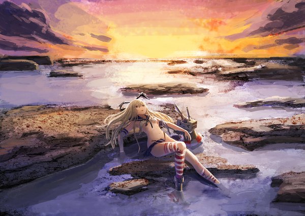 Anime picture 1415x1000 with kantai collection shimakaze destroyer rensouhou-chan menka single long hair light erotic blonde hair looking away sky cloud (clouds) full body bent knee (knees) outdoors lying sunlight on back torn clothes evening sunset