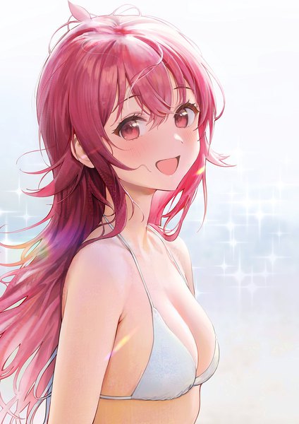 Anime picture 1200x1697 with idolmaster idolmaster shiny colors komiya kaho ame (uten cancel) single long hair tall image looking at viewer blush fringe breasts open mouth light erotic smile hair between eyes red eyes upper body ahoge red hair :d