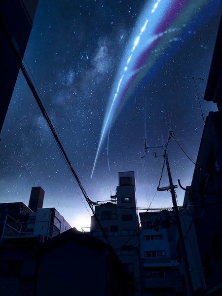 Anime picture 1080x1440 with kimi no na wa solafin tall image night night sky no people scenic shooting star milky way building (buildings) star (stars) house power lines pole telephone pole meteorite