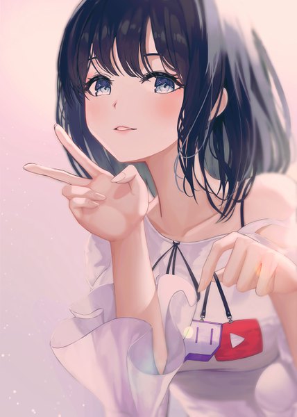 Anime picture 2000x2805 with original youtube twitch xeonomi single long hair tall image looking at viewer blush fringe highres blue eyes black hair simple background holding upper body blunt bangs light smile off shoulder victory