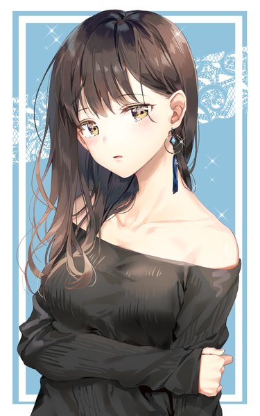 Anime picture 2150x3440 with original suzumi konbu single long hair tall image looking at viewer blush fringe highres breasts open mouth simple background brown hair standing bare shoulders yellow eyes upper body blunt bangs off shoulder sparkle