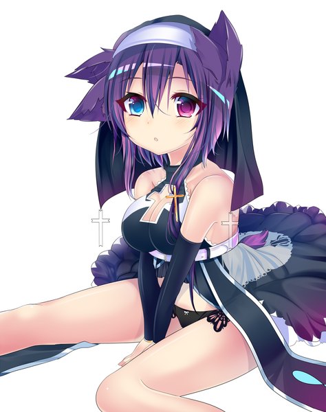 Anime picture 800x1011 with original haruta (806060) single tall image looking at viewer blush blue eyes light erotic simple background white background sitting animal ears purple hair pink eyes bare legs heterochromia nun girl dress underwear