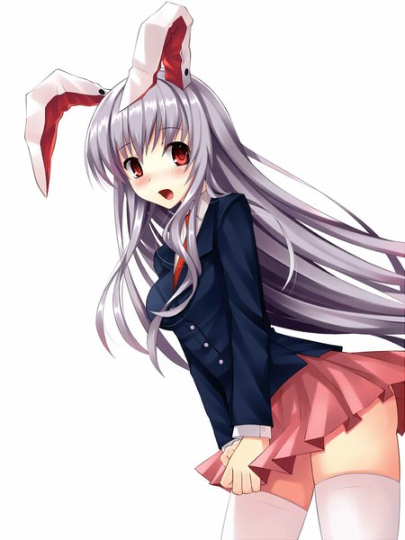 Anime picture 828x1105 with touhou reisen udongein inaba mushroom (artist) single long hair tall image looking at viewer blush open mouth simple background red eyes white background animal ears grey hair bunny ears bunny girl girl thighhighs skirt white thighhighs