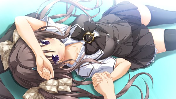 Anime picture 1280x720 with chrono clock andou misaki koku long hair blush brown hair wide image purple eyes twintails game cg lying holding hands girl thighhighs bow black thighhighs hair bow school