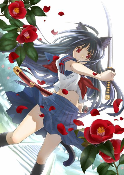 Anime picture 711x1000 with original akisaki rio single long hair tall image looking at viewer black hair red eyes animal ears tail animal tail cat ears cat girl cat tail girl skirt uniform flower (flowers) weapon school uniform