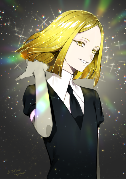Anime picture 1200x1695 with houseki no kuni yellow diamond (houseki no kuni) kurono yuu single tall image short hair blonde hair smile signed yellow eyes looking away upper body parted lips sparkle adjusting hair dated androgynous gloves uniform necktie