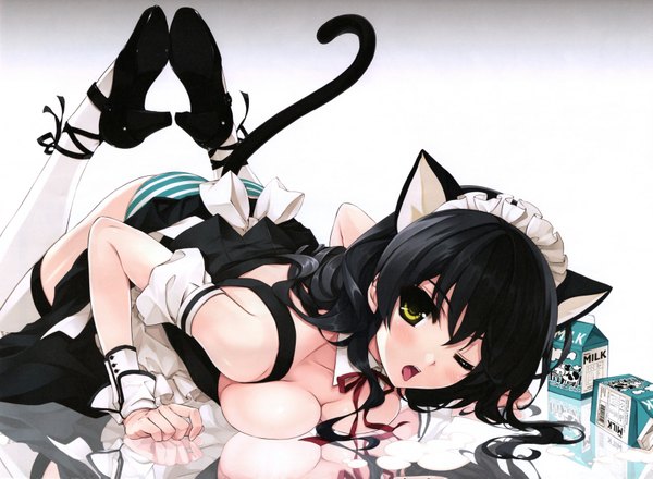 Anime picture 6707x4929 with original misaki kurehito single long hair blush fringe highres breasts open mouth light erotic black hair simple background white background green eyes animal ears absurdres lying animal tail one eye closed wink